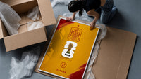 FIFA World Cup 2026 Spain emblem framed print being unpacked from protective bubble wrap and a box