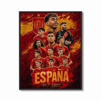 Framed Spain national football team players print shown as a bold statement piece on a clean gallery wall