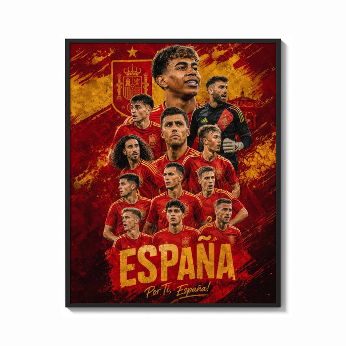 Framed Spain national football team players print shown as a bold statement piece on a clean gallery wall