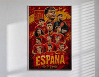 Spain national football team players poster in a slim frame on a bright wall with soft window light