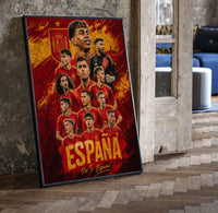 Spain national football team players print in a black frame leaning beside a vintage door on parquet