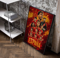 Spain national football team players poster in a black frame leaning beside a shelf in a raw-plaster loft