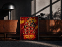 Black-framed Spain national football team players print on a moody console with designer coffee-table books