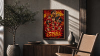 Spain national football team players poster framed above a fluted sideboard beside an olive tree