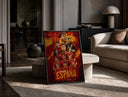 Spain national football team players print in a black frame leaning on a travertine table in a sunlit lounge