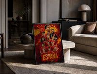 Spain national football team players print in a black frame leaning on a travertine table in a sunlit lounge