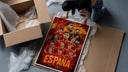 Spain national football team players framed print being unpacked from protective bubble wrap and a box