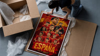Spain national football team players framed print being unpacked from protective bubble wrap and a box