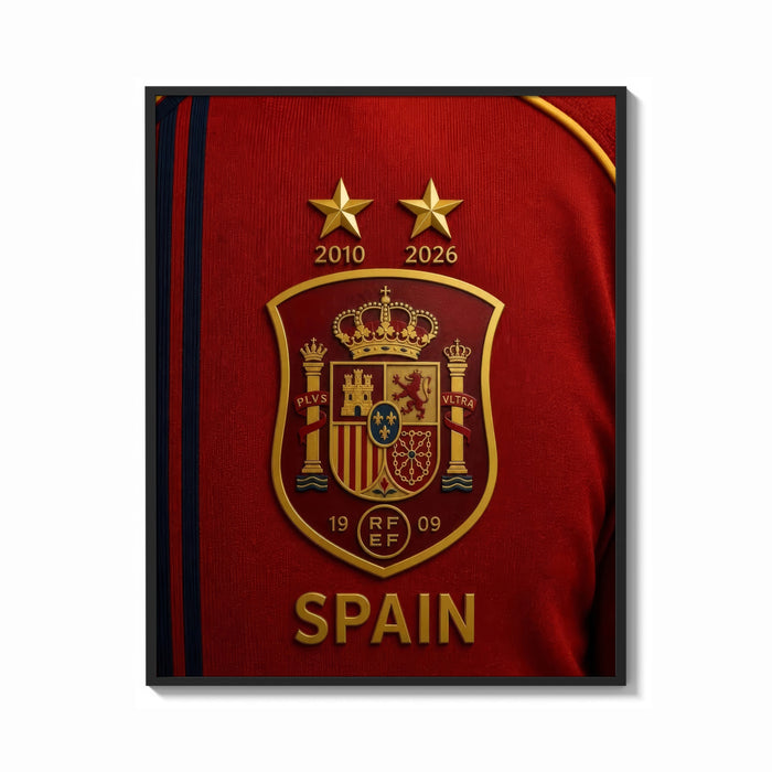 Framed Spain national football crest emblem print shown as a bold statement piece on a clean gallery wall
