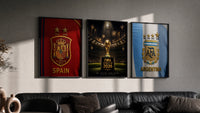 FIFA World Cup 2026 Final trophy and crests triptych in three black frames on a grey wall above a leather sofa