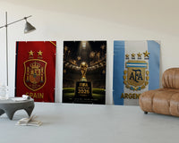 FIFA World Cup 2026 Final trophy and crests three-panel set displayed beside a brown leather sofa