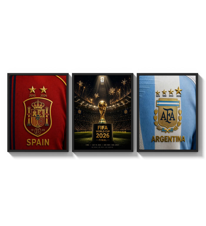 FIFA World Cup 2026 Final trophy and crests three-panel set arranged as a triptych on a bright gallery wall