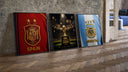 FIFA World Cup 2026 Final trophy and crests three-piece set leaning on parquet beside a vintage loft door
