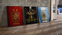 FIFA World Cup 2026 Final trophy and crests three-piece set leaning on parquet beside a vintage loft door