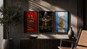 FIFA World Cup 2026 Final trophy and crests triptych in three walnut frames above a sideboard in a warm room