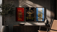 FIFA World Cup 2026 Final trophy and crests triptych in three walnut frames above a sideboard in a warm room