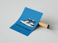 Special edition blue Jordan 1 High sneaker poster with printed specs displayed beside a shipping tube