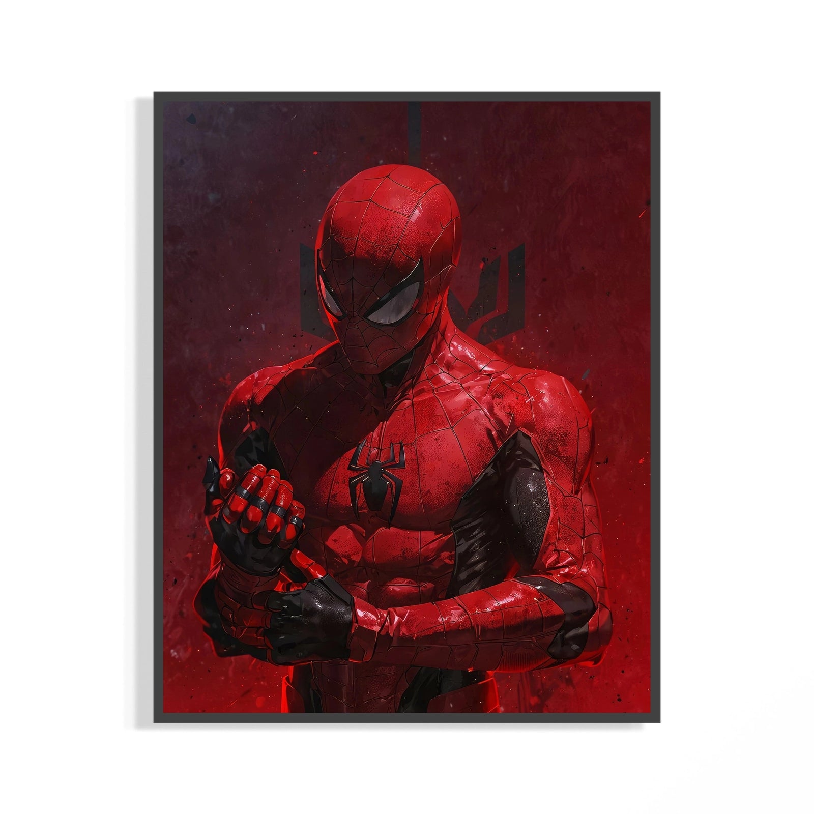 Spider-Man poster in red and black suit cracking his fists against a dark red background inside a display mockup frame