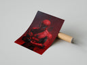 Spider-Man Red Suit Portrait print laying flat next to brown cardboard shipping tube on grey surface