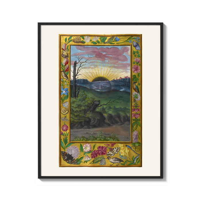 Framed Sunrise over face in landscape print shown as a bold statement piece on a clean gallery wall
