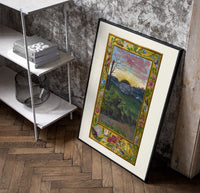 Sunrise over face in landscape poster in a black frame leaning beside a shelf in a raw-plaster loft