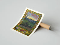 Rolled Sunrise over face in landscape poster beside its crush-resistant kraft shipping tube