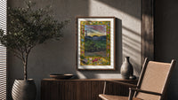 Sunrise over face in landscape poster framed above a fluted sideboard beside an olive tree