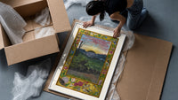 Sunrise over face in landscape framed print being unpacked from protective bubble wrap and a box