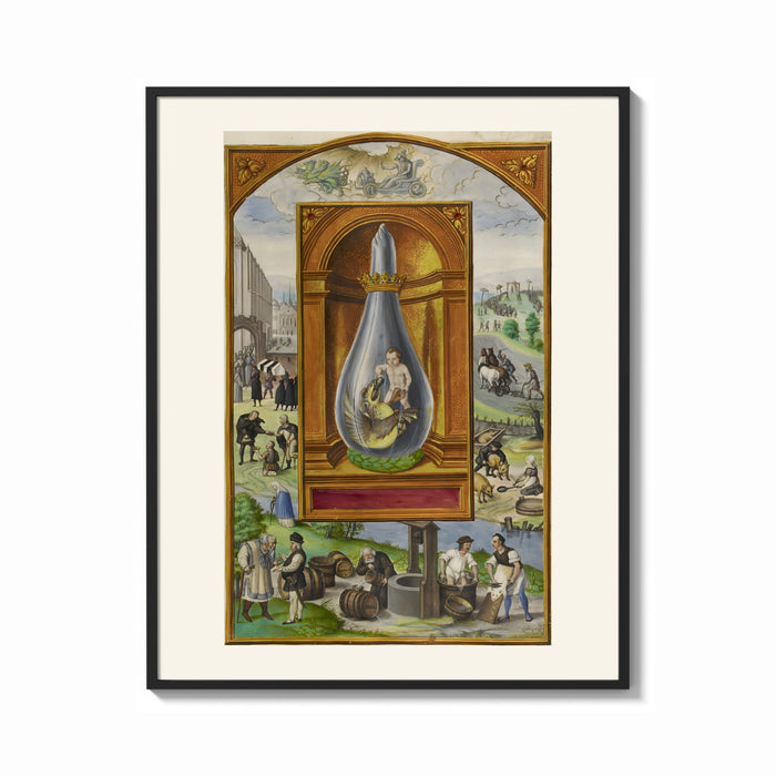 Framed Alchemical crowned flask with child dragon print shown as a bold statement piece on a clean gallery wall
