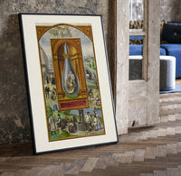 Alchemical crowned flask with child dragon print in a black frame leaning beside a vintage door on parquet