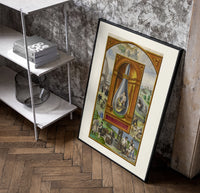 Alchemical crowned flask with child dragon poster in a black frame leaning beside a shelf in a raw-plaster loft