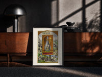 Black-framed Alchemical crowned flask with child dragon print on a moody console with designer coffee-table books