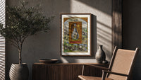 Alchemical crowned flask with child dragon poster framed above a fluted sideboard beside an olive tree