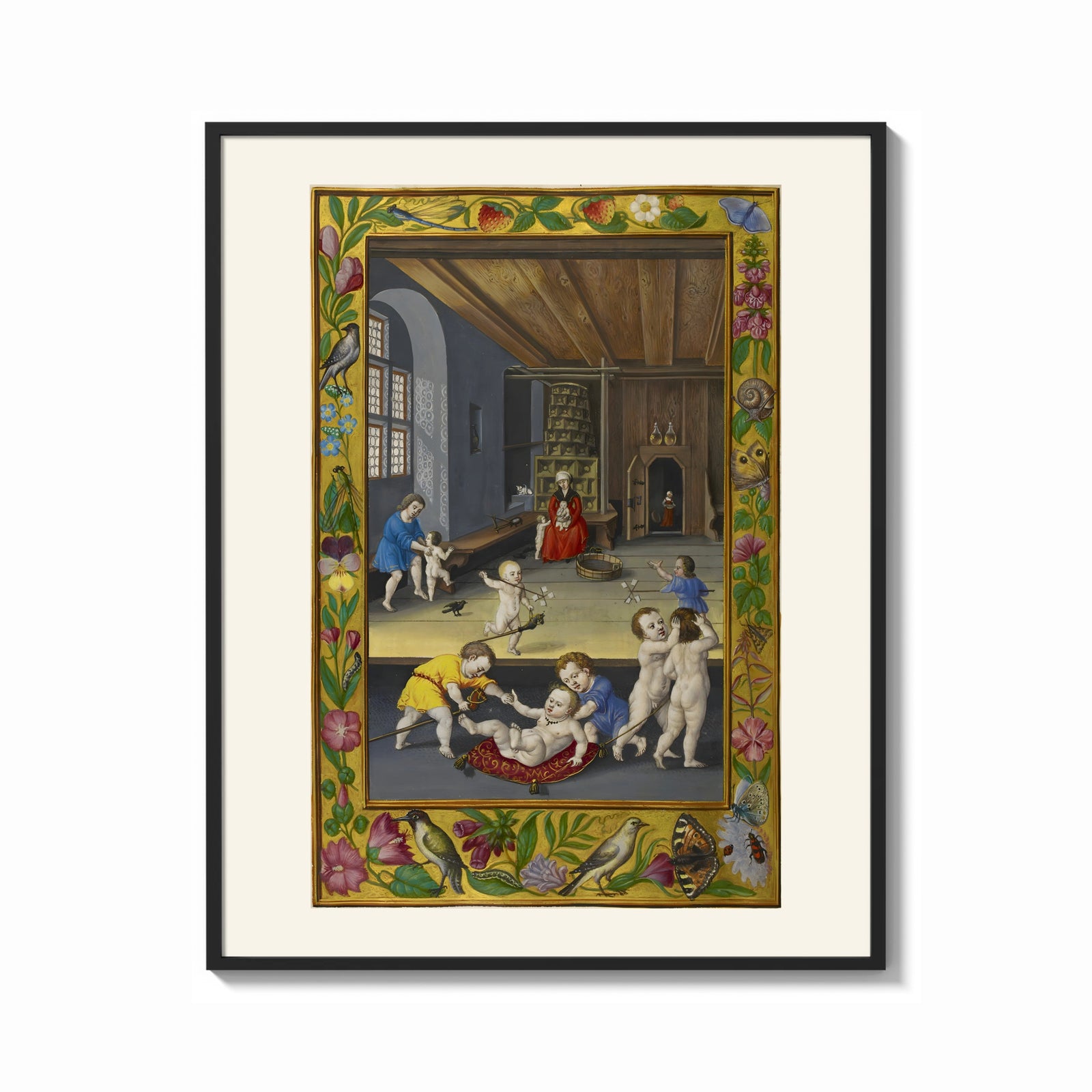 Framed Renaissance children playing indoors print shown as a bold statement piece on a clean gallery wall