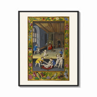 Framed Renaissance children playing indoors print shown as a bold statement piece on a clean gallery wall