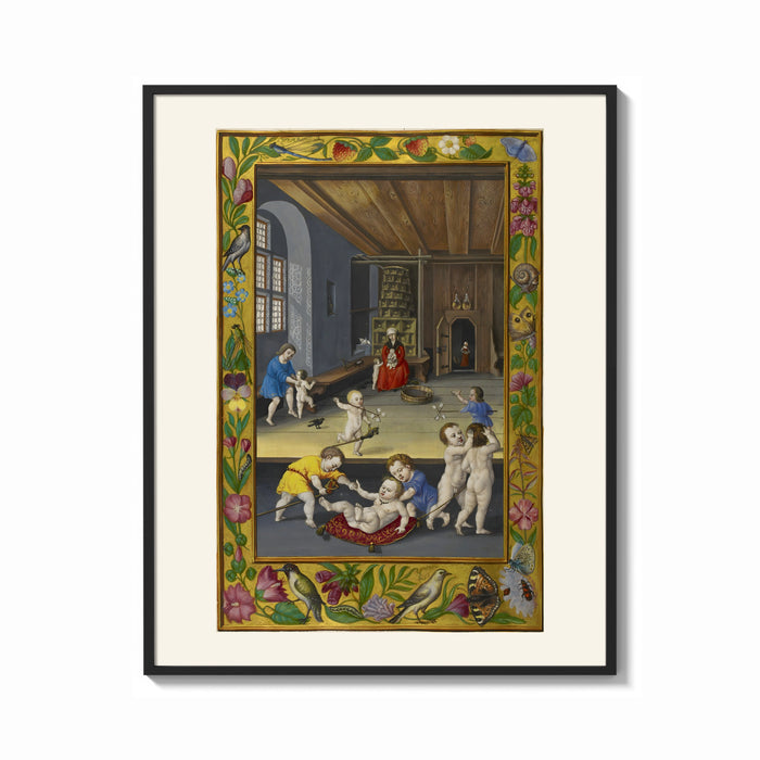 Framed Renaissance children playing indoors print shown as a bold statement piece on a clean gallery wall