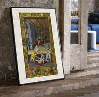 Renaissance children playing indoors print in a black frame leaning beside a vintage door on parquet