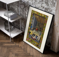 Renaissance children playing indoors poster in a black frame leaning beside a shelf in a raw-plaster loft