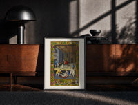 Black-framed Renaissance children playing indoors print on a moody console with designer coffee-table books