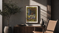 Renaissance children playing indoors poster framed above a fluted sideboard beside an olive tree