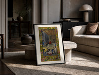 Renaissance children playing indoors print in a black frame leaning on a travertine table in a sunlit lounge