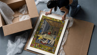 Renaissance children playing indoors framed print being unpacked from protective bubble wrap and a box