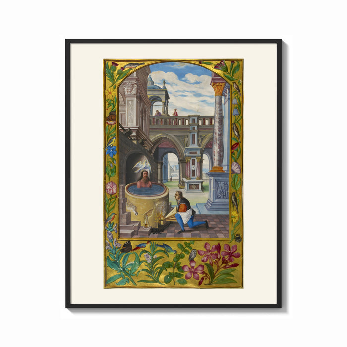 Framed Alchemist tending fire beneath fountain print shown as a bold statement piece on a clean gallery wall