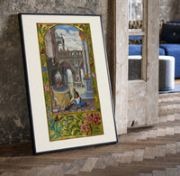 Alchemist tending fire beneath fountain print in a black frame leaning beside a vintage door on parquet
