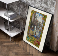 Alchemist tending fire beneath fountain poster in a black frame leaning beside a shelf in a raw-plaster loft