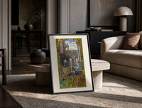 Alchemist tending fire beneath fountain print in a black frame leaning on a travertine table in a sunlit lounge