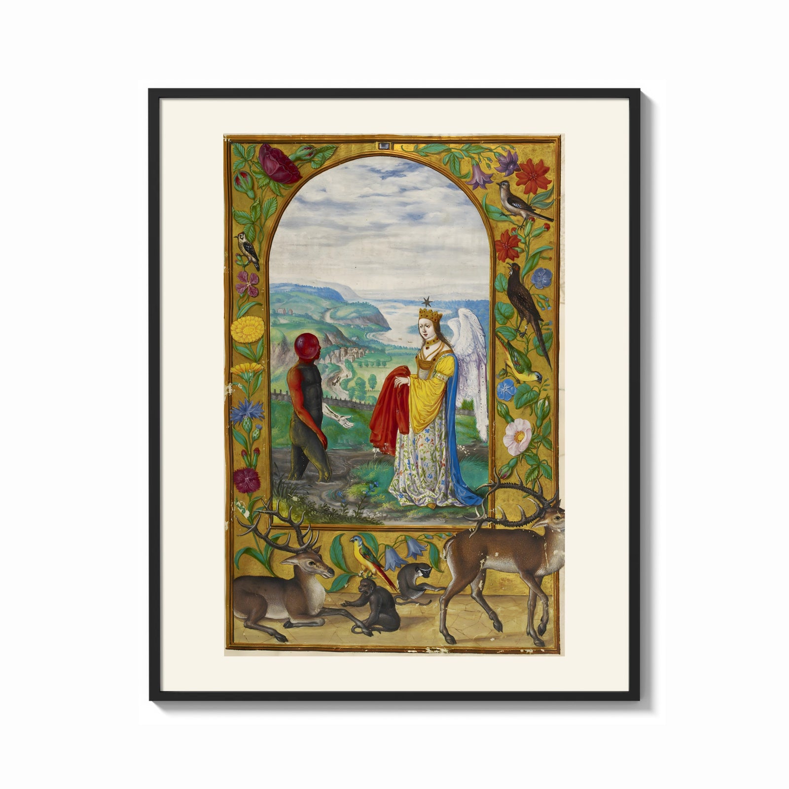 Framed Crowned angelic woman and red-skinned man print shown as a bold statement piece on a clean gallery wall