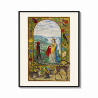 Framed Crowned angelic woman and red-skinned man print shown as a bold statement piece on a clean gallery wall