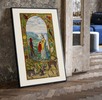 Crowned angelic woman and red-skinned man print in a black frame leaning beside a vintage door on parquet