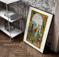 Crowned angelic woman and red-skinned man poster in a black frame leaning beside a shelf in a raw-plaster loft